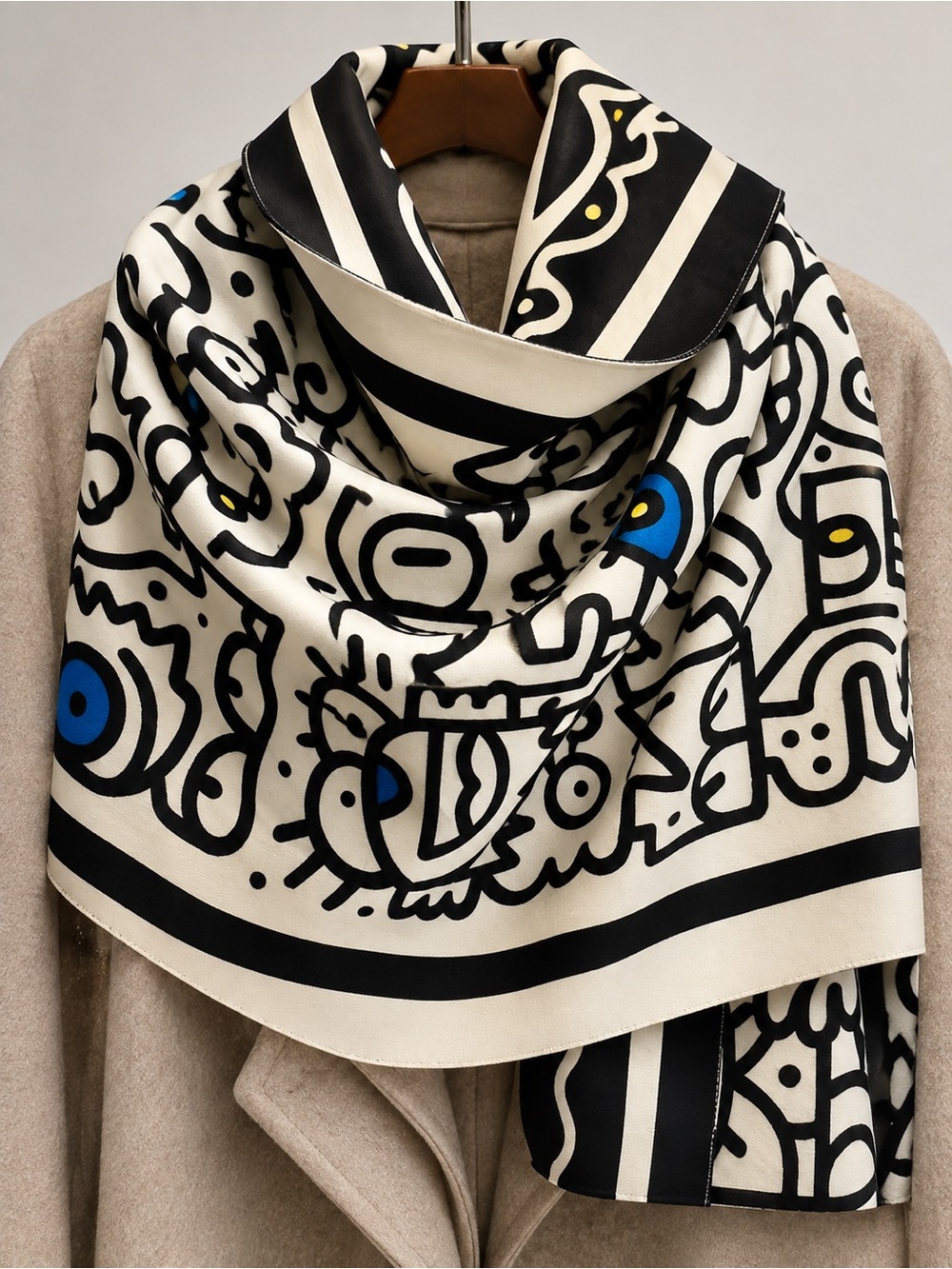 White & Black Graffiti Reversible Wrap -Artisan Shawl - Picture 2 of 3